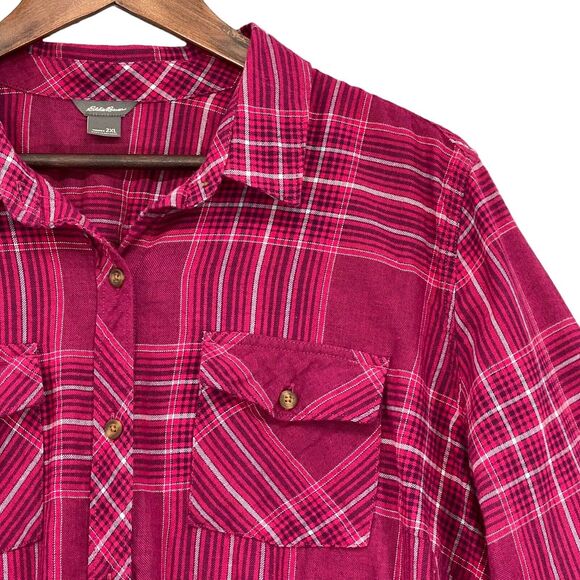Eddie Bauer Button Front Shirt Women 2XL Pink Plaid Long Sleeves Pockets S56 - Picture 3 of 13